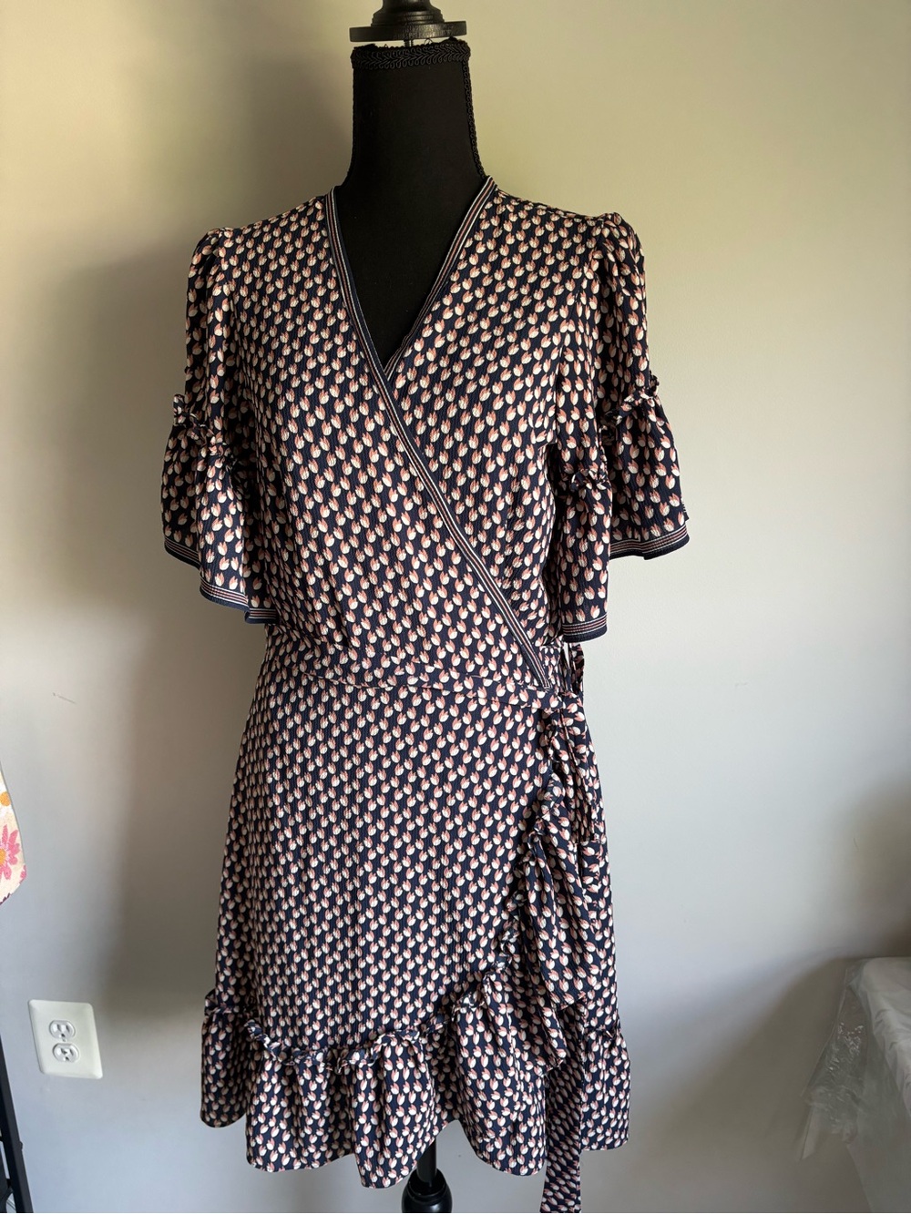 Max Studio Navy & Pink Printed Wrap Mini with Ruffle Trim